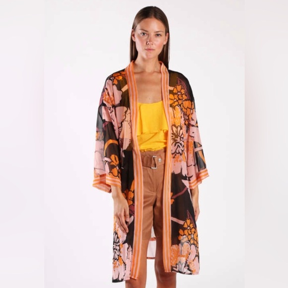 ICHI Kimono Cover Up Floral Made in India Flowy Beachy Festival Artsy , M/L - Picture 1 of 6